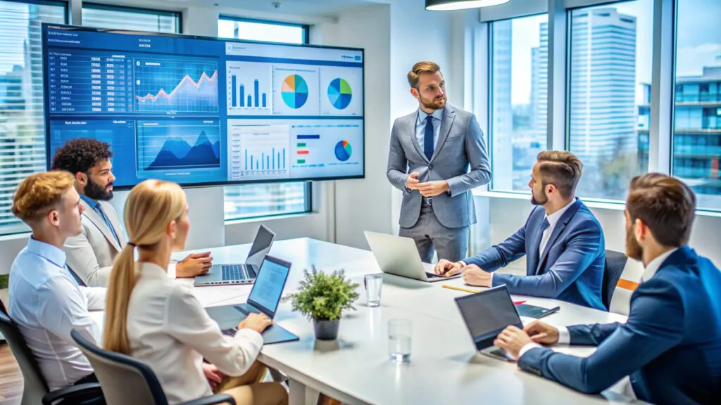 A manager leads an ISO 55001 management review, presenting asset performance dashboards and key performance indicators (KPIs) to a team on a large digital screen