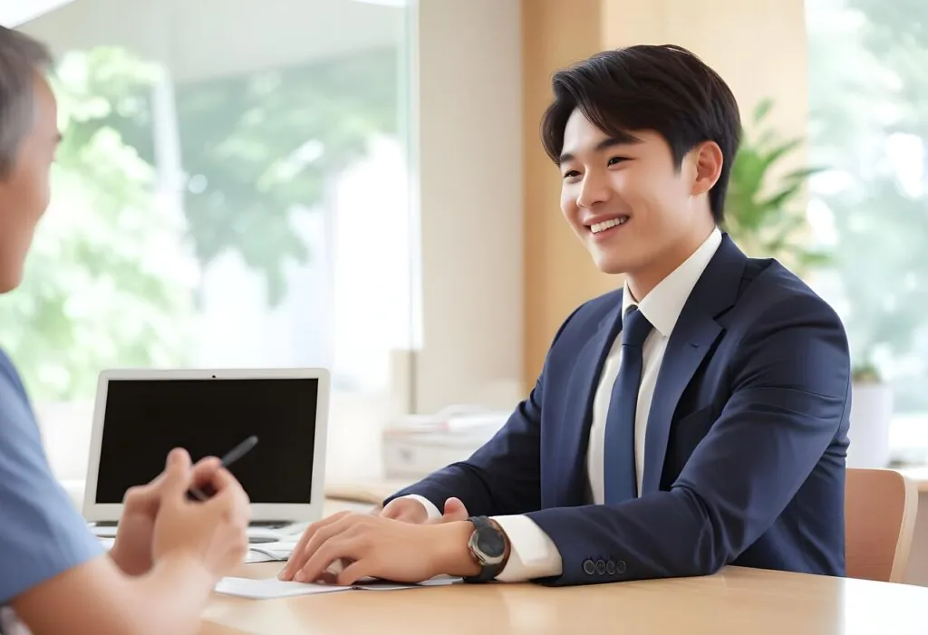 A young East Asian man in a dark blue suit and tie smiles warmly while sitting across a desk from another person, whose shoulder is partially visible. A laptop with a blank screen is open on the desk between them